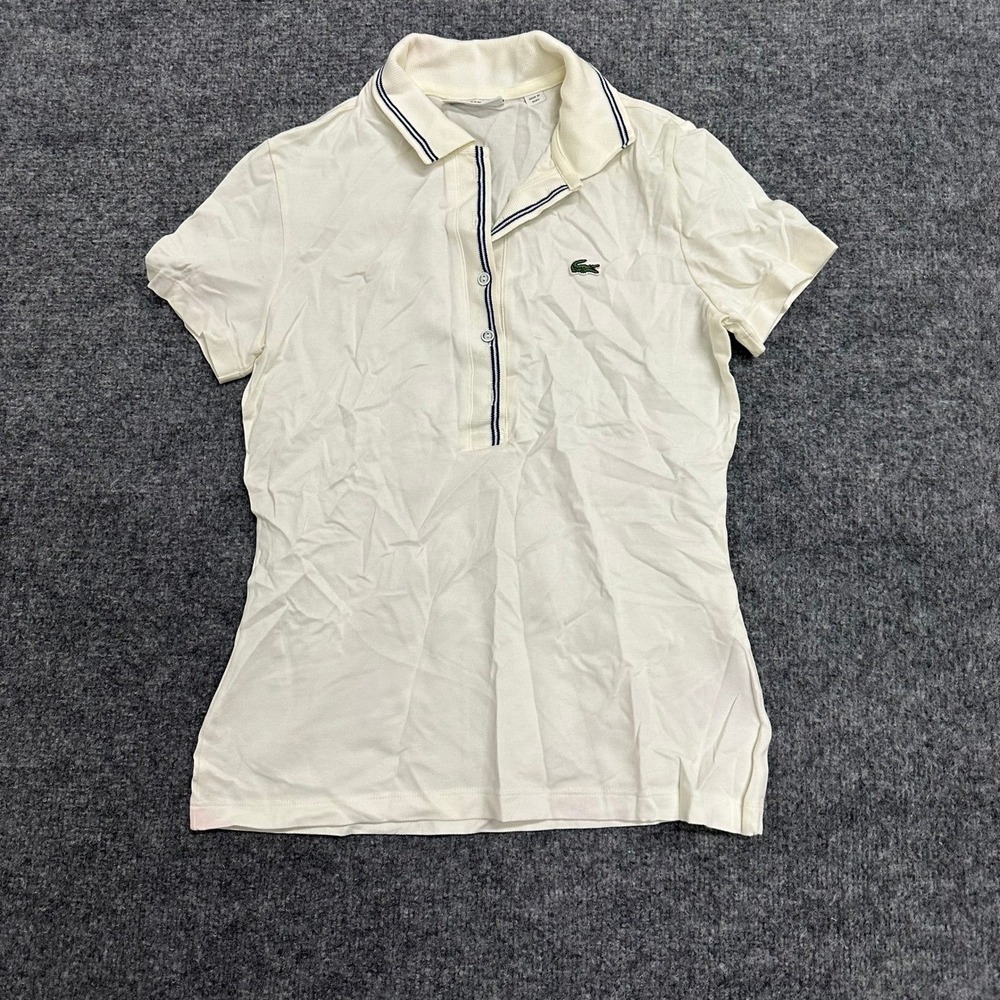 Lacoste Polo Womens Size 36 Cream Slim Fit Pique Short Sleeve Logo Casual Shirt